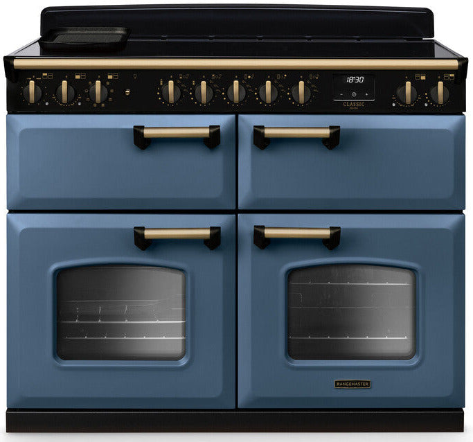 Rangemaster CLDLB110EIPSTB/AB1 Classic Deluxe BC 110cm Induction Range Cooker - Stone Blue/Antique Brass Trim