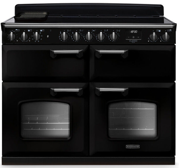 Rangemaster CLDL90DFPGBL/AB1 Classic Deluxe 90cm Dual Fuel Range Cooker - Gloss Black/Antique Brass Trim