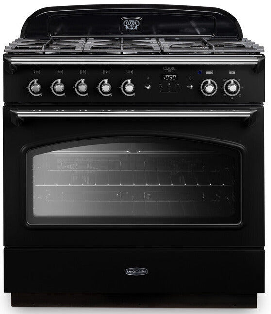 Rangemaster CLAS90FXDFFBL/C Classic FX 90cm Dual Fuel Range Cooker - Black/Chrome Trim