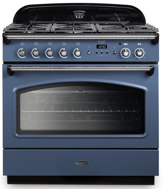 Rangemaster CLAS90FXDFFSB/C Classic FX 90cm Dual Fuel Range Cooker - Stone Blue/Chrome Trim