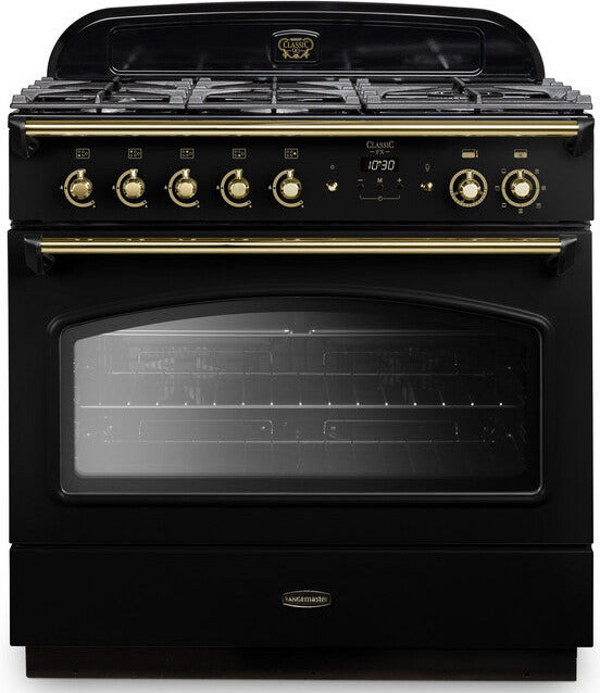 Rangemaster CLAS90FXDFFBL/B Classic FX 90cm Dual Fuel Range Cooker - Black/Brass Trim