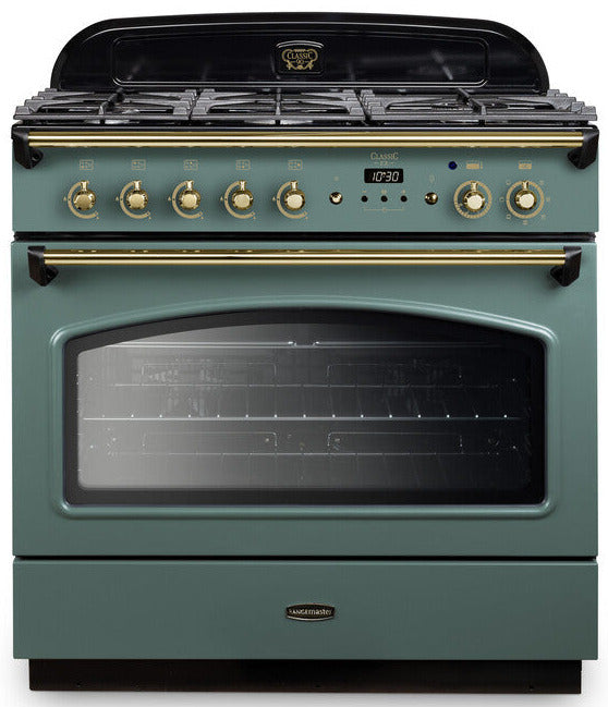 Rangemaster CLAS90FXDFFMG/B Classic FX 90cm Dual Fuel Range Cooker - Green/Brass Trim