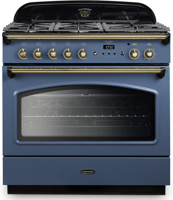 Rangemaster CLAS90FXDFFSB/B Classic FX 90cm Dual Fuel Range Cooker - Stone Blue/Brass Trim