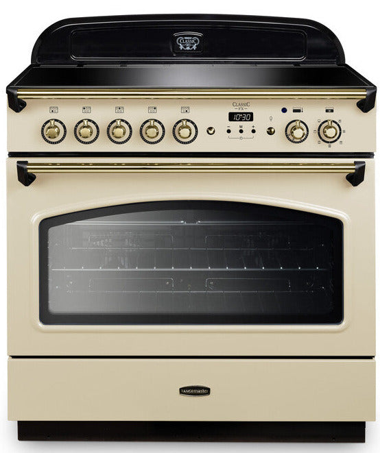 Rangemaster CLAS90FXEICR/B Classic FX 90cm Electric Range Cooker with Induction Hob - Cream/Brass Trim