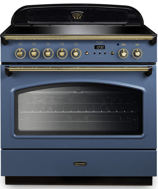 Rangemaster CLAS90FXEISB/B Classic FX 90cm Electric Range Cooker with Induction Hob - Stone Blue/Brass Trim