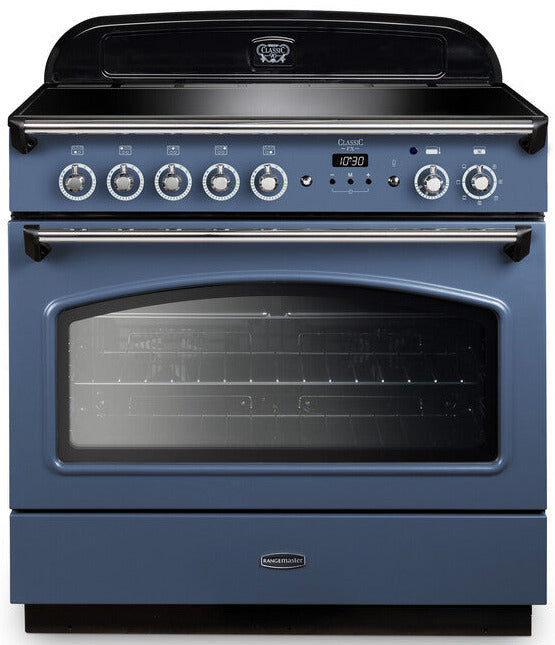 Rangemaster CLAS90FXEISB/C Classic FX 90cm Electric Range Cooker with Induction Hob - Stone Blue/Chrome Trim
