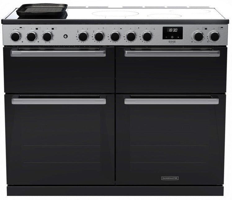 Rangemaster EDDLB110EIGBLK/CM1 Edge Deluxe BC 110cm Induction Range Cooker - Black Glass/Chrome Trim