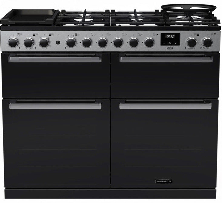 Rangemaster EDDLB110DFGBLK/CM1 Edge Deluxe BC 110cm Dual Fuel Range Cooker - Black Glass/Chrome Trim