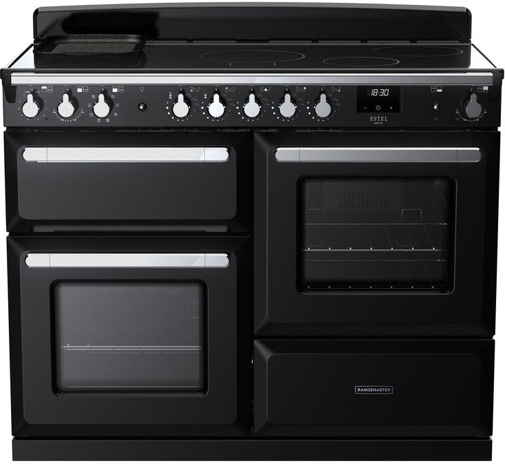 Rangemaster ESDLO110EIPGBL/CM1 Estel Deluxe OC 110cm Induction Range Cooker - Gloss Black/Chrome Trim