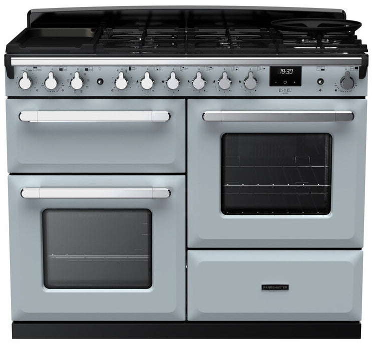 Rangemaster ESDLO110DFPMSB/CM1 Estel Deluxe OC 110cm Dual Fuel Range Cooker - Misty Blue/Chrome Trim