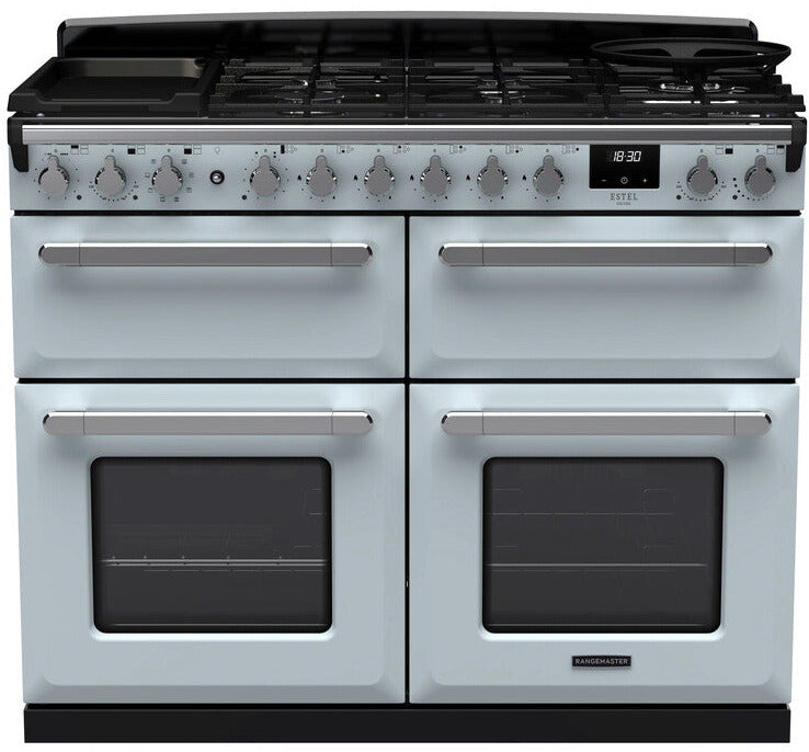 Rangemaster ESDLB110DFPMSB/CM1 Estel Deluxe BC 110cm Dual Fuel Range Cooker - Misty Blue/Chrome Trim