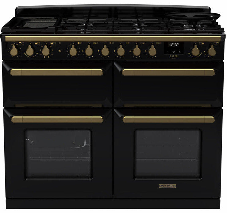 Rangemaster ESDLB110DFPGBL/AB1 Estel Deluxe BC 110cm Dual Fuel Range Cooker - Gloss Black/Antique Brass Trim