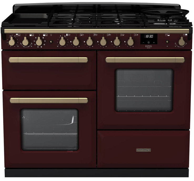 Rangemaster ESDLO110DFPBOR/AB1 Estel Deluxe OC 110cm Dual Fuel Range Cooker - Bordeaux/Antique Brass Trim