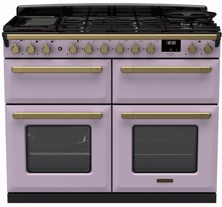 Rangemaster ESDLB110DFPHTH/AB1 Estel Deluxe BC 110cm Dual Fuel Range Cooker - Heather/Antique Brass Trim