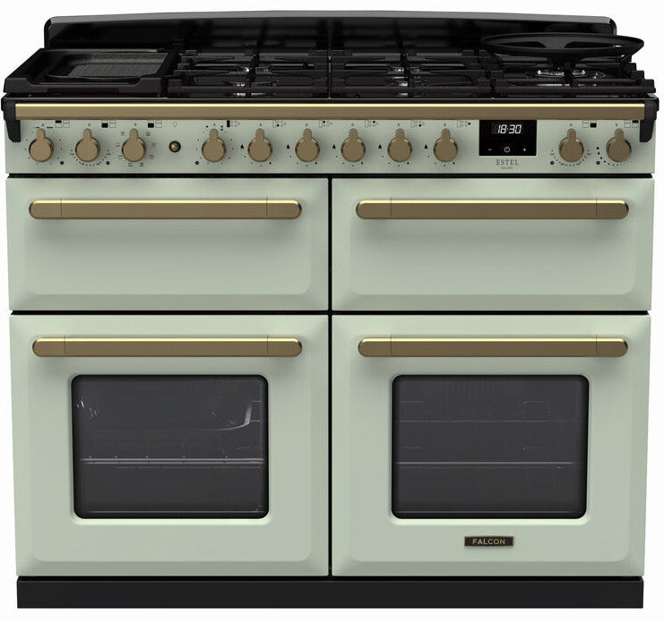 Rangemaster ESDLB110DFPMNT/AB1 Estel Deluxe BC 110cm Dual Fuel Range Cooker - Mint/Antique Brass Trim