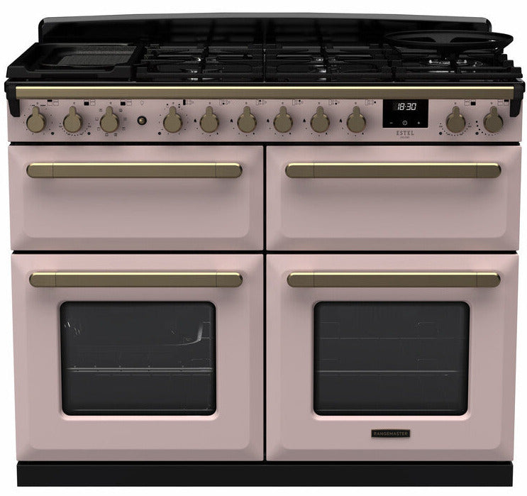 Rangemaster ESDLB110DFPPPK/AB1 Estel Deluxe BC 110cm Dual Fuel Range Cooker - Pale Pink/Antique Brass Trim