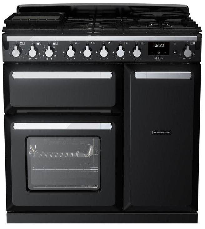 Rangemaster ESDL90DFPGBL/CM1 Estel Deluxe 90cm Dual Fuel Range Cooker - Gloss Black/Chrome Trim