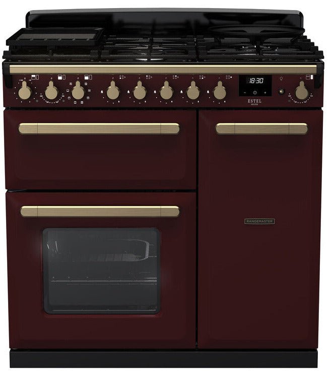 Rangemaster ESDL90DFPBOR/AB1 Estel Deluxe 90cm Dual Fuel Range Cooker - Bordeaux/Antique Brass Trim