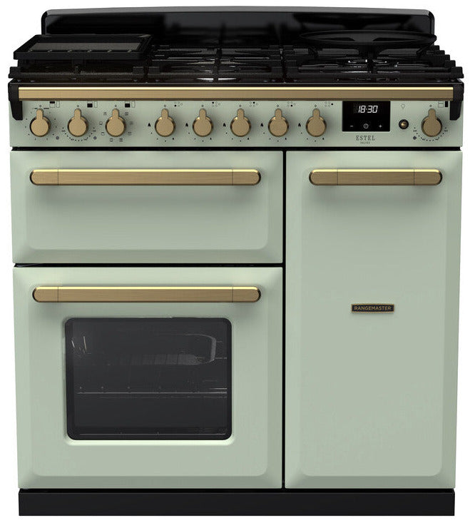 Rangemaster ESDL90DFPMNT/AB1 Estel Deluxe 90cm Dual Fuel Range Cooker - Mint/Antique Brass Trim