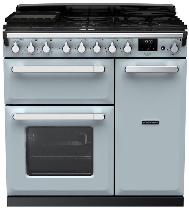 Rangemaster ESDL90DFPMSB/CM1 Estel Deluxe 90cm Dual Fuel Range Cooker - Misty Blue/Chrome Trim