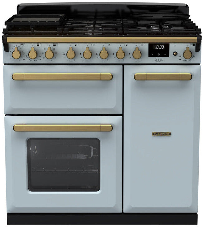 Rangemaster ESDL90DFPMSB/AB1 Estel Deluxe 90cm Dual Fuel Range Cooker - Misty Blue/Antique Brass Trim