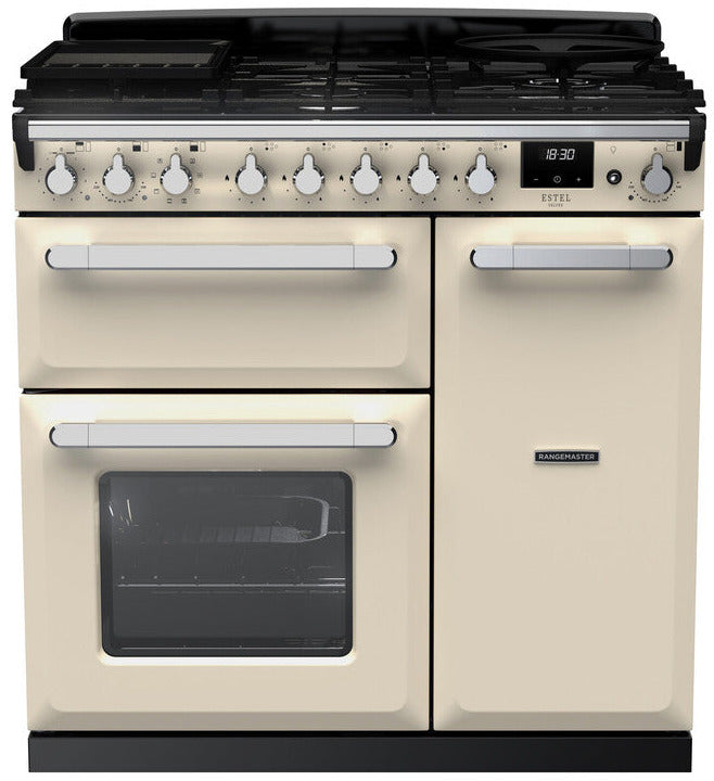 Rangemaster ESDL90DFPPCR/CM1 Estel Deluxe 90cm Dual Fuel Range Cooker - Pale Cream/Chrome Trim
