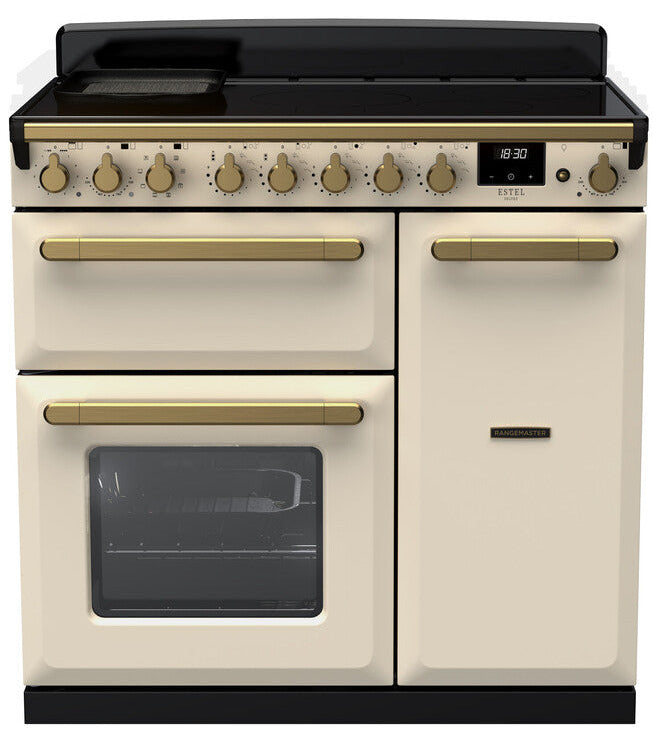 Rangemaster ESDL90EIPPCR/AB1 Estel Deluxe 90cm Induction Range Cooker - Pale Cream/Antique Brass Trim