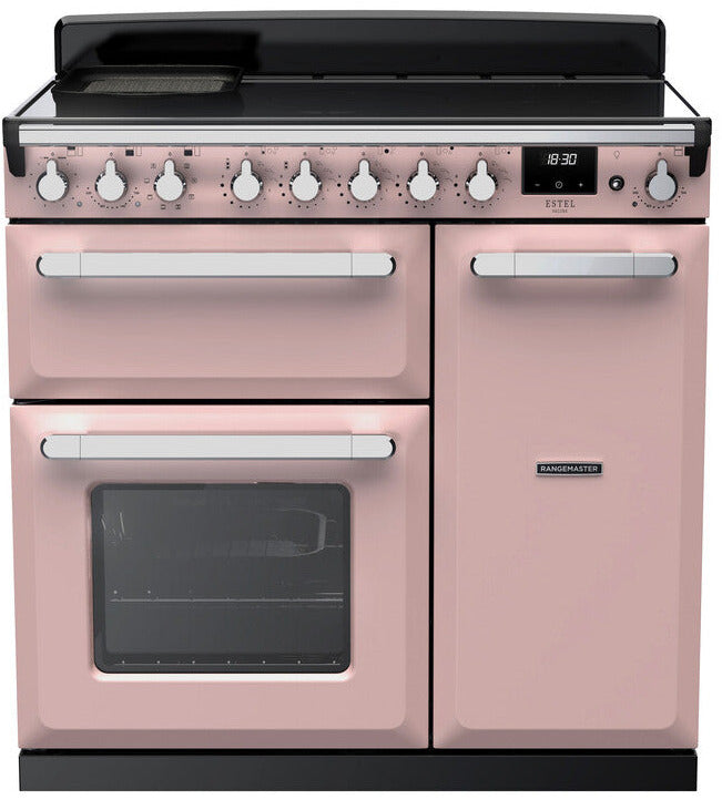 Rangemaster ESDL90EIPPPK/CM1 Estel Deluxe 90cm Induction Range Cooker - Pale Pink/Chrome Trim