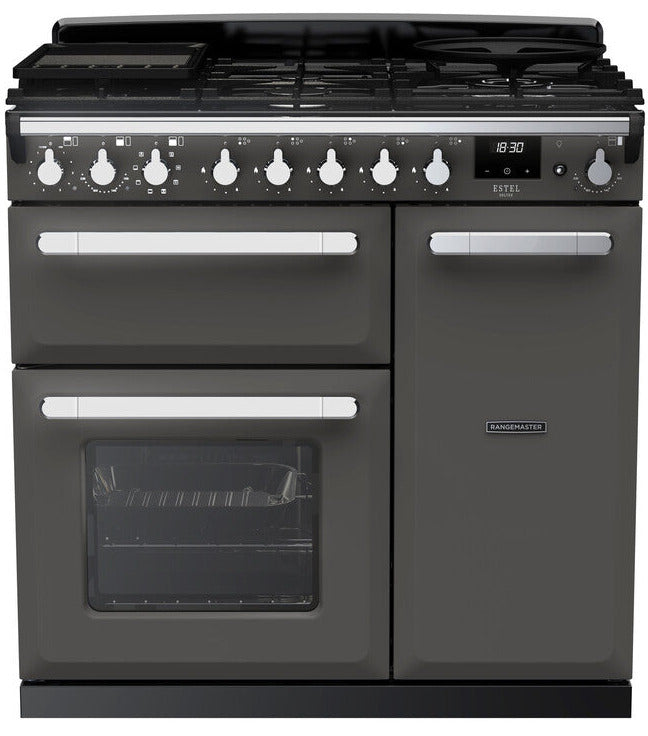 Rangemaster ESDL90DFPSLT/CM1 Estel Deluxe 90cm Dual Fuel Range Cooker - Slate/Chrome Trim