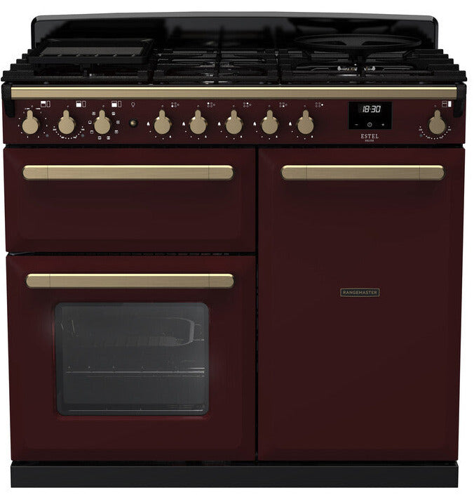 Rangemaster ESDL100DFPBOR/AB1 Estel Deluxe 100cm Dual Fuel Range Cooker - Bordeaux/Antique Brass Trim