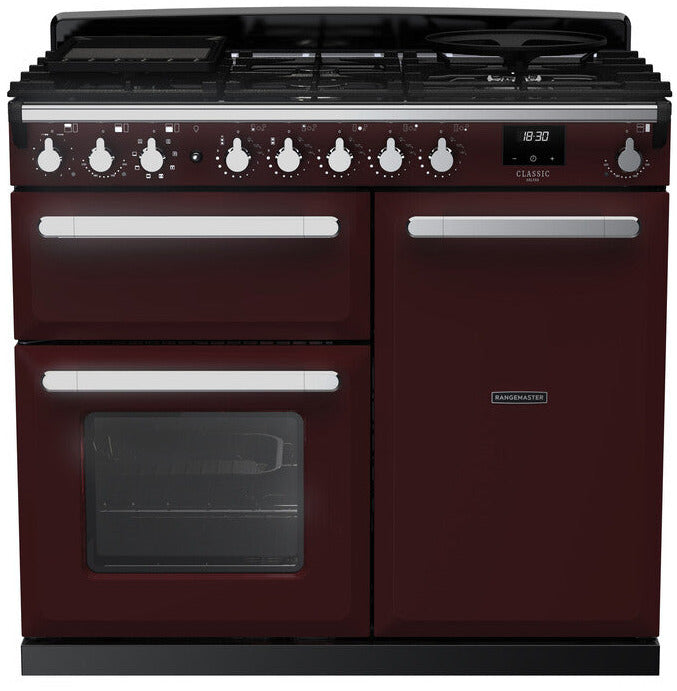 Rangemaster ESDL100DFPBOR/CM1 Estel Deluxe 100cm Dual Fuel Range Cooker - Bordeaux/Chrome Trim