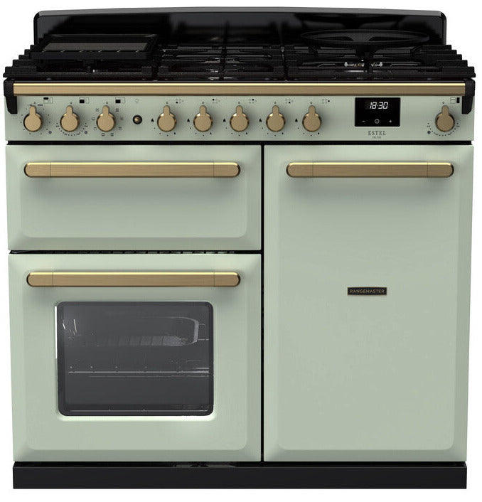 Rangemaster ESDL100DFPMNT/AB1 Estel Deluxe 100cm Dual Fuel Range Cooker - Mint/Antique Brass Trim