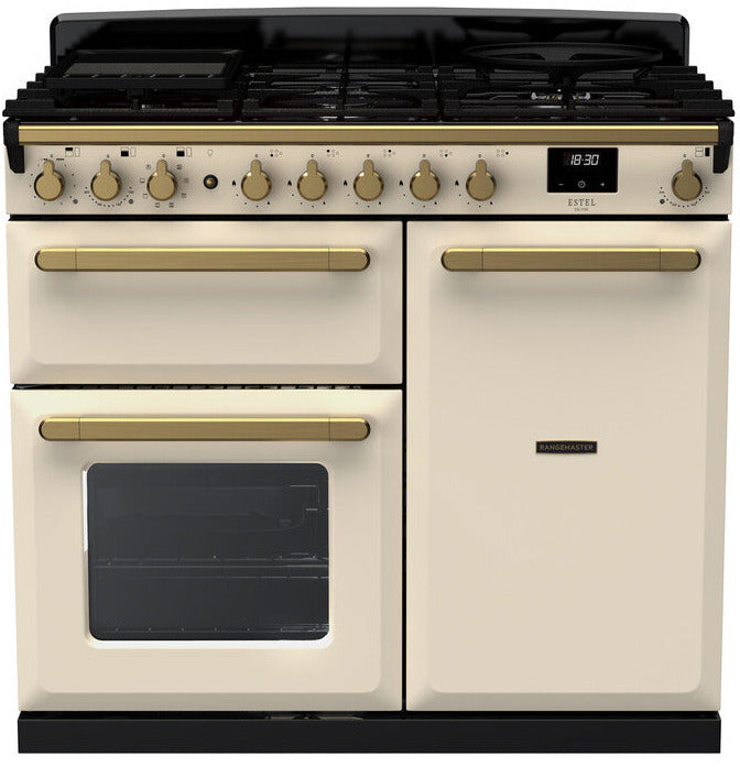 Rangemaster ESDL100DFPPCR/AB1 Estel Deluxe 100cm Dual Fuel Range Cooker - Pale Cream/Antique Brass Trim