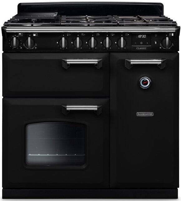 Rangemaster CL90DFPGBL/CM1 Classic 90cm Dual Fuel Range Cooker - Gloss Black/Chrome Trim