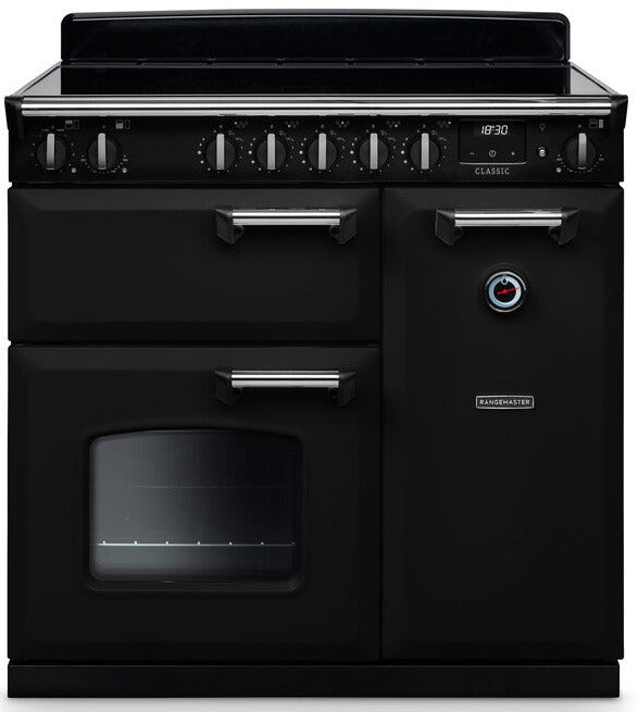 Rangemaster CL90EIPGBL/CM1 Classic 90cm Induction Range Cooker - Gloss Black/Chrome Trim
