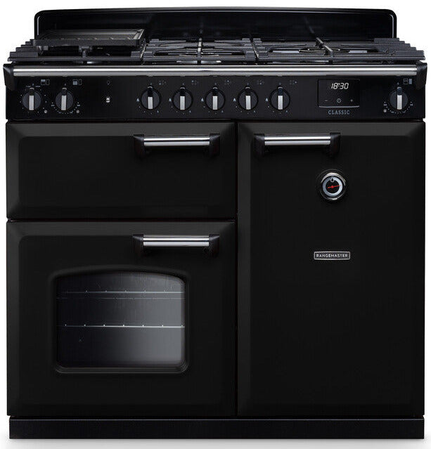 Rangemaster CL100DFPGBL/CM1 Classic 100cm Dual Fuel Range Cooker - Gloss Black/Chrome Trim