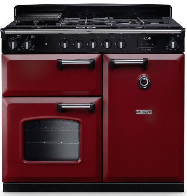 Rangemaster CL100DFPBOR/CM1 Classic 100cm Dual Fuel Range Cooker - Bordeaux/Chrome Trim