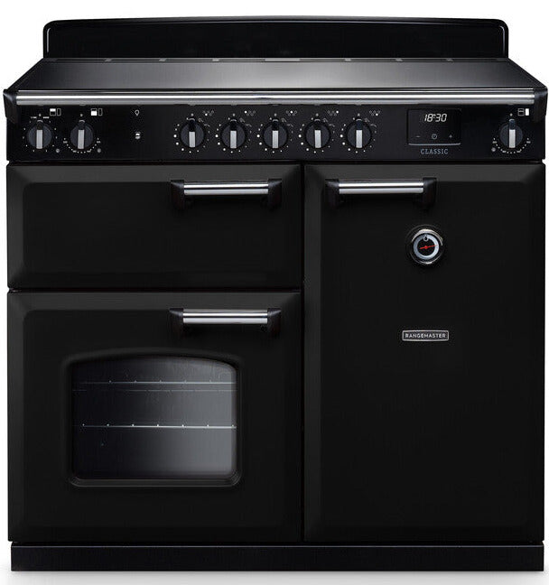 Rangemaster CL100EIPGBL/CM1 Classic 100cm Induction Range Cooker - Gloss Black/Chrome Trim