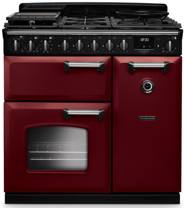 Rangemaster CLDL90DFPBOR/CM1 Classic Deluxe 90cm Dual Fuel Range Cooker - Bordeaux/Chrome Trim