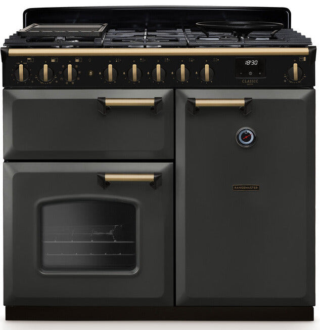 Rangemaster CLDL100DFPSLT/AB1 Classic Deluxe 100cm Dual Fuel Range Cooker - Slate/Antique Brass Trim