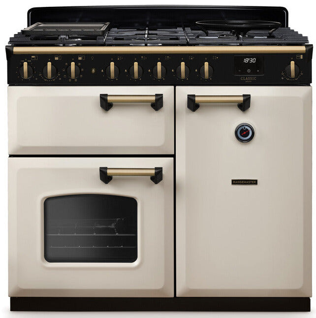 Rangemaster CLDL100DFPPCR/AB1 Classic Deluxe 100cm Dual Fuel Range Cooker - Pale Cream/Antique Brass Trim