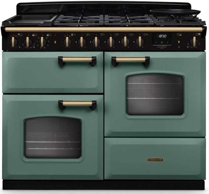 Rangemaster CLDLO110DFPMGR/AB1 Classic Deluxe OC 110cm Dual Fuel Range Cooker - Mineral Green/Antique Brass Trim