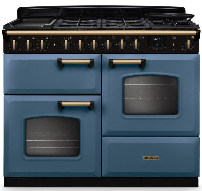 Rangemaster CLDLO110DFPSTB/AB1 Classic Deluxe OC 110cm Dual Fuel Range Cooker - Stone Blue/Antique Brass Trim