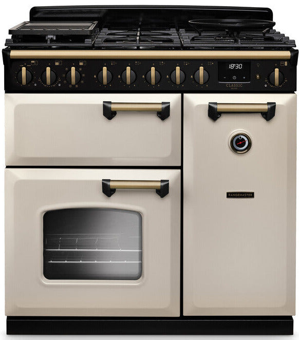 Rangemaster CLDL90DFPPCR/AB1 Classic Deluxe 90cm Dual Fuel Range Cooker - Pale Cream/Antique Brass Trim