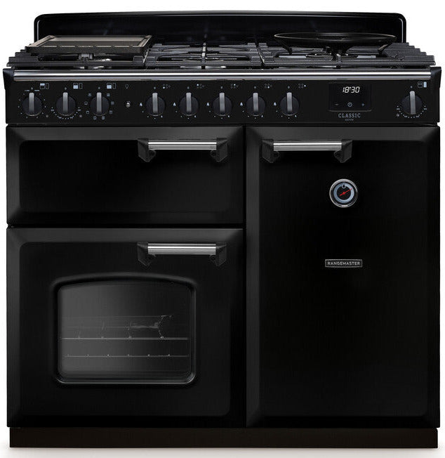 Rangemaster CLDL100DFPGBL/CM1 Classic Deluxe 100cm Dual Fuel Range Cooker - Gloss Black/Chrome Trim