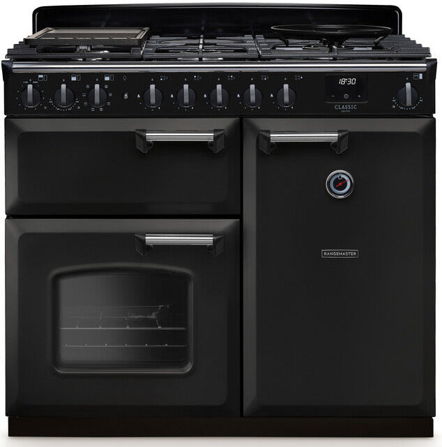 Rangemaster CLDL100DFPCBL/CM1 Classic Deluxe 100cm Dual Fuel Range Cooker - Charcoal Black/Chrome Trim
