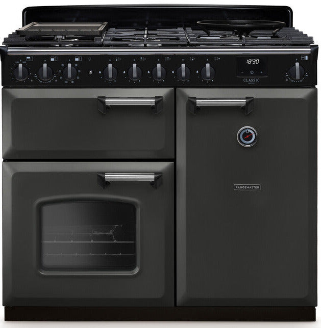 Rangemaster CLDL100DFPSLT/CM1 Classic Deluxe 100cm Dual Fuel Range Cooker - Slate/Chrome Trim