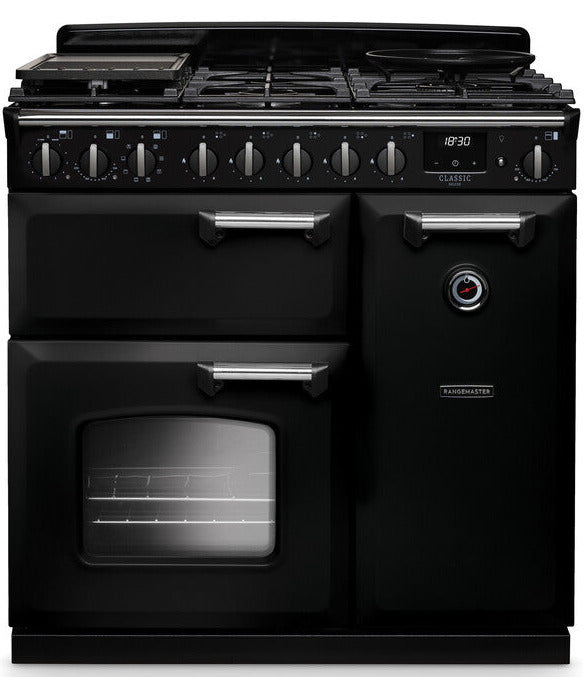 Rangemaster CLDL90DFPGBL/CM1 Classic Deluxe 90cm Dual Fuel Range Cooker - Gloss Black/Chrome Trim