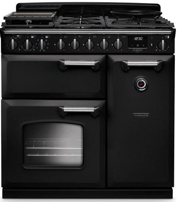 Rangemaster CLDL90DFPCBL/CM1 Classic Deluxe 90cm Dual Fuel Range Cooker - Charcoal Black/Chrome Trim