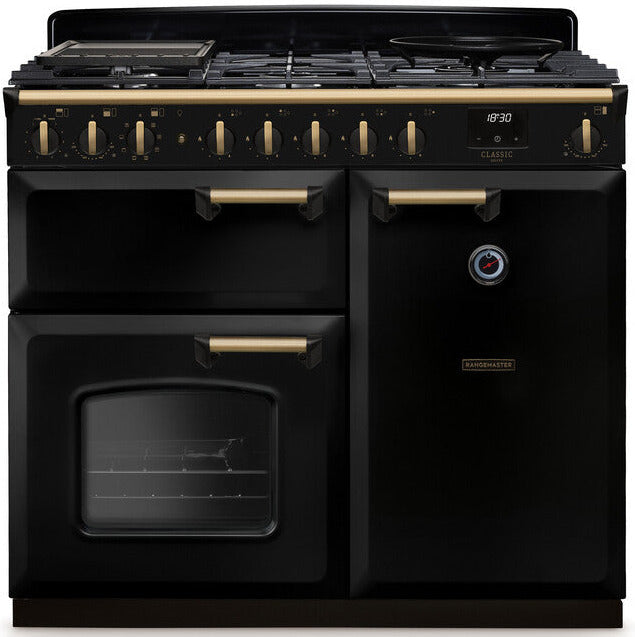 Rangemaster CLDL100DFPGBL/AB1 Classic Deluxe 100cm Dual Fuel Range Cooker - Gloss Black/Antique Brass Trim